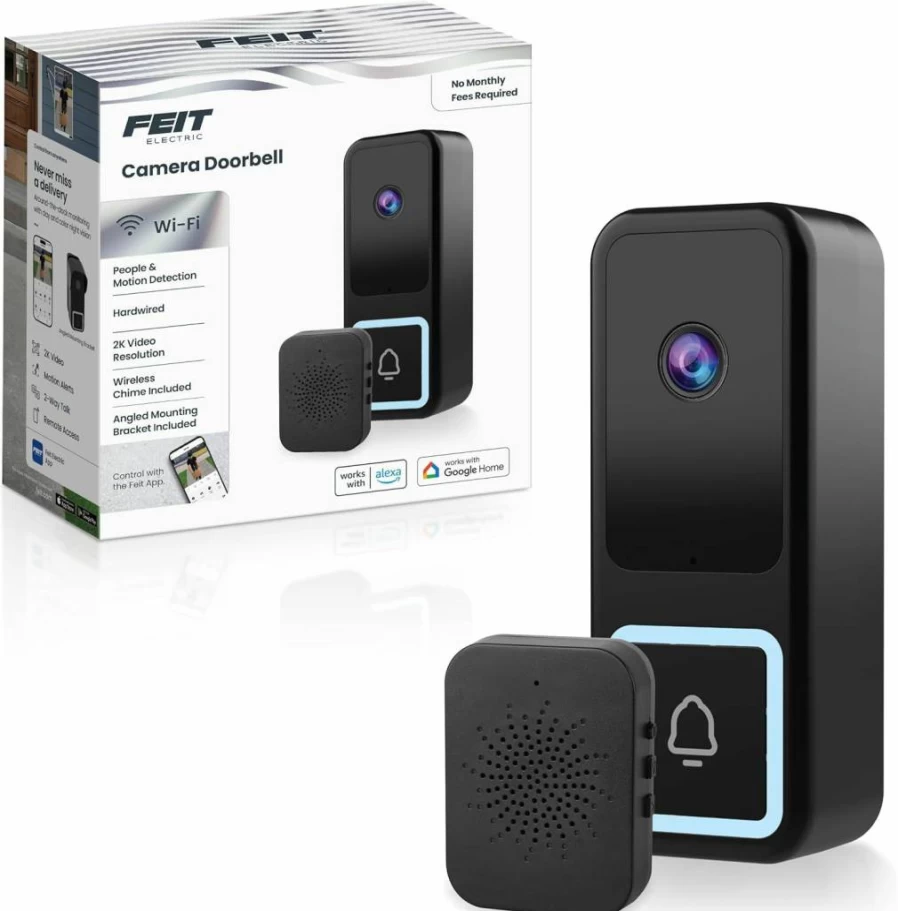 Feit Electric Smart Doorbell Camera - 2K HD Video, Night Vision, Motion Detection, Two-Way Audio, Alexa & Google Assistant Compatible, App Control, Wireless Chime Included (Wired)