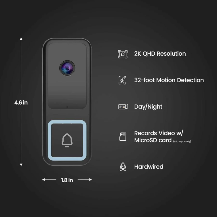 Feit Electric Smart Doorbell Camera - 2K HD Video, Night Vision, Motion Detection, Two-Way Audio, Alexa & Google Assistant Compatible, App Control, Wireless Chime Included (Wired)