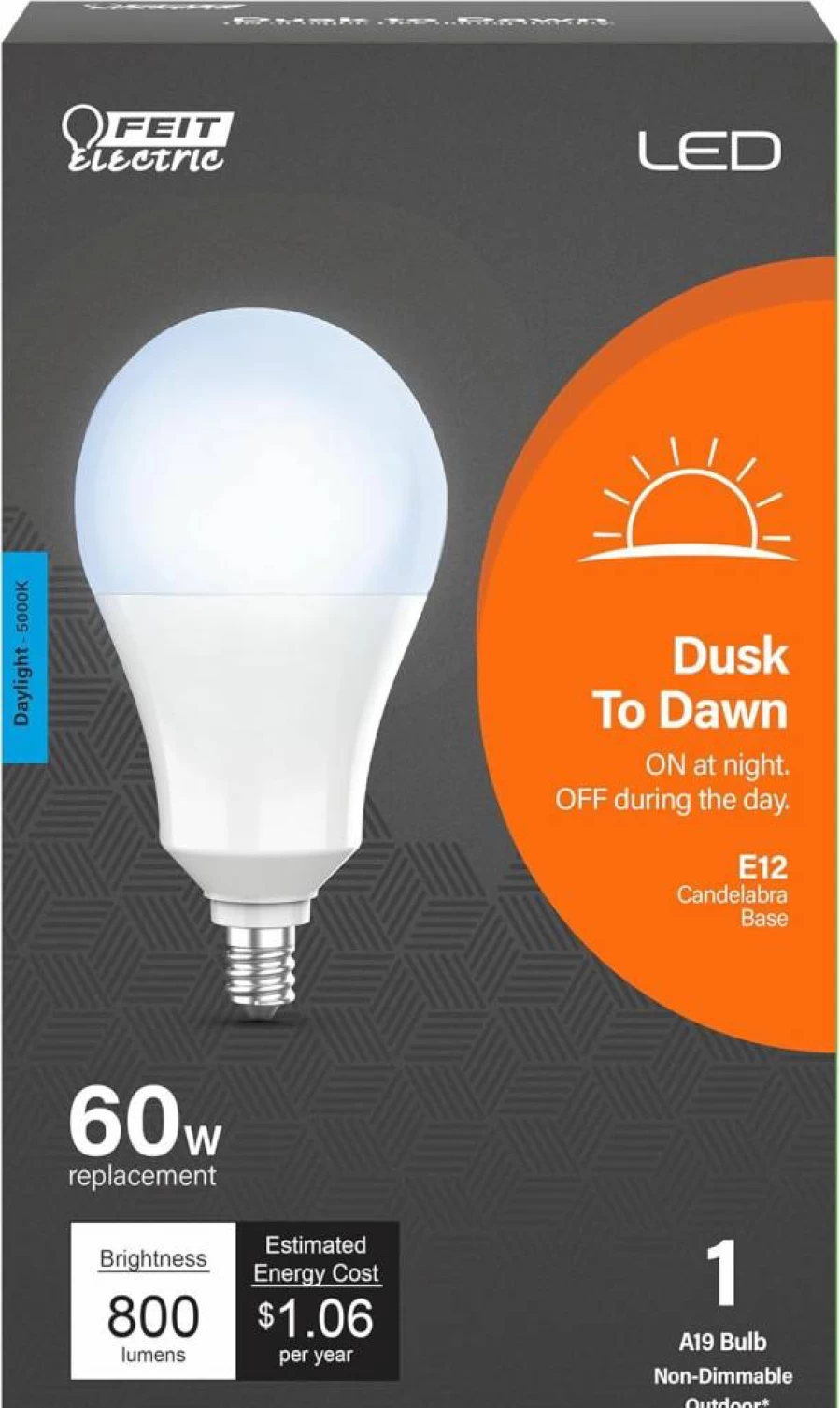 Feit Electric A19 LED Bulb with Dusk to Dawn Sensor - E12 Candelabra Base - 60W Equivalent 800 Lumen Daylight (5000K) - 15 Year Lifespan