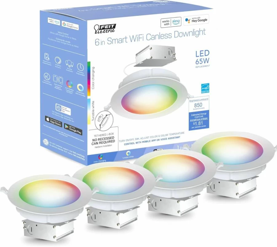 Feit Electric Smart LED Recessed Downlight 4 Pack, 6" Canless, WiFi Dimmable, Color Changing, Works with Alexa & Google Home, 65W Eq, 850 Lumens, 90 CRI, LEDR6XT/RGBW/CA/AG/4