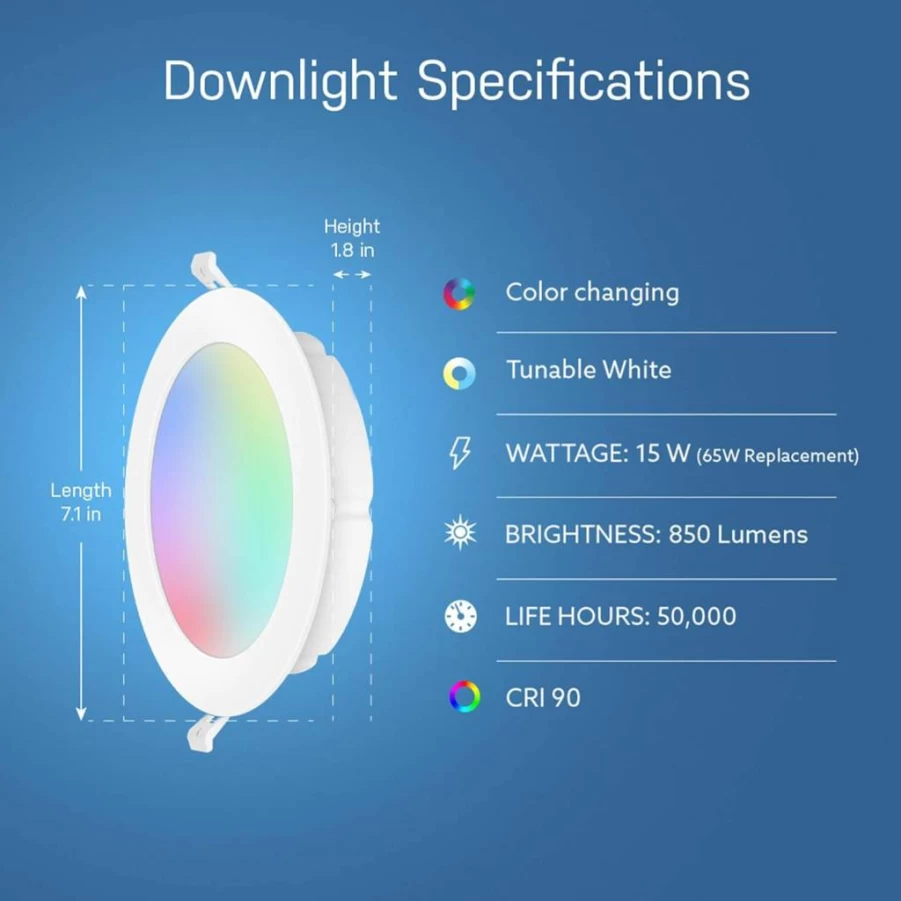Feit Electric Smart LED Recessed Downlight 4 Pack, 6" Canless, WiFi Dimmable, Color Changing, Works with Alexa & Google Home, 65W Eq, 850 Lumens, 90 CRI, LEDR6XT/RGBW/CA/AG/4