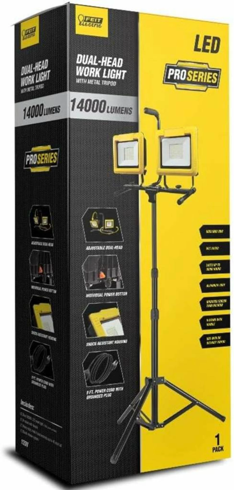 Feit Electric ProSeries 6000 Lumens LED Work Light with Telescoping Tripod Stand, Adjustable Dual-Head, IP65 Waterproof, Ultra Bright Flood Light, 60W Plug-In Portable Work Light - Work6000Xltpplug