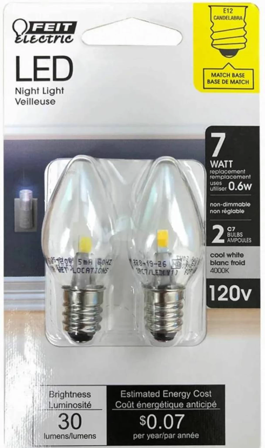Feit Electric BPC7 0.6W LED Candelabra Night Light Bulb, C7 Base, Non-Dimmable, 4000K Cool White, Clear, 2-Pack