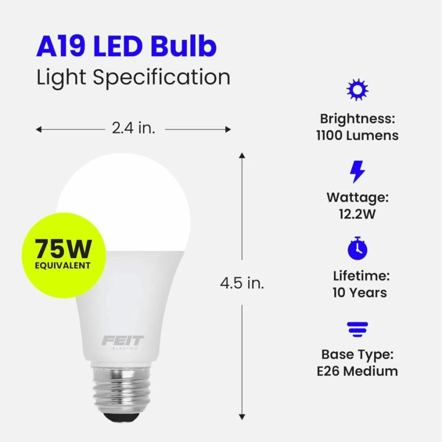 Feit Electric A19 LED Light Bulb 12 Pack, 75W Equivalent, 1100 Lumens, 3000K Bright White, E26 Medium Base, 90+ CRI, 11,000-Hour Lifetime, Energy Efficient General Purpose Bulbs