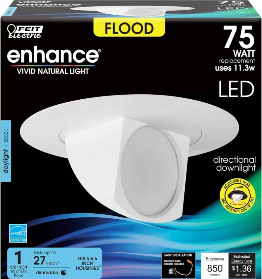 Feit Electric 4 Inch Adjustable Recessed LED Downlight - 5000K Daylight - Dimmable - 65W Equivalent - 720 Lumens - High CRI - 45 Year Lifespan