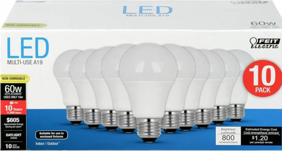 Feit Electric A19 LED Light Bulbs 60W Equivalent 800 Lumens Daylight 5000K E26 Base Non-Dimmable 10-Year Lifetime Energy Efficient 24-Pack