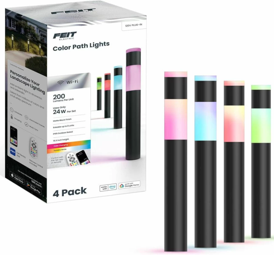 Feit Electric Smart Outdoor Path Lights 4-Pack - 100 Lumens Color Changing, Tunable White, Music Sync, Alexa & Google Home Compatible, App & Remote Control, 15K-Hour LED Lifetime