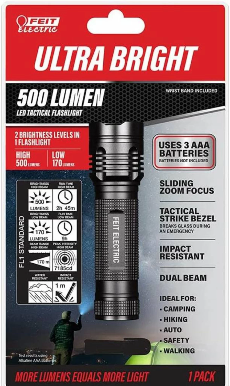 Feit Electric FL500 Ultra Bright 500 Lumens LED Flashlight with 3 AAA Batteries, Compact and Powerful