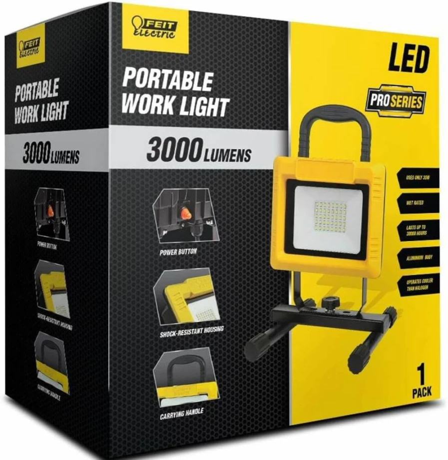 Feit Electric 3000 Lumens Ultra Bright 35W LED Flood Work Light, Plug-In Portable Wet Location Rated, Pro Series Work3000XLPlugFold