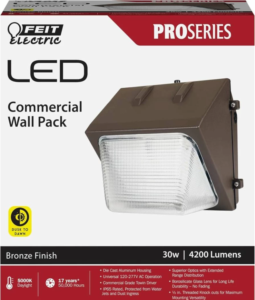 Feit Electric Pro Series 30W LED Wall Pack 2-Pack, 5000K Daylight, 4200 Lumens, Dusk to Dawn Photocell Sensor, 120-277V, Outdoor Security Light, 50,000 Hour Lifespan, S8.5Cwpk/850/Bz/2