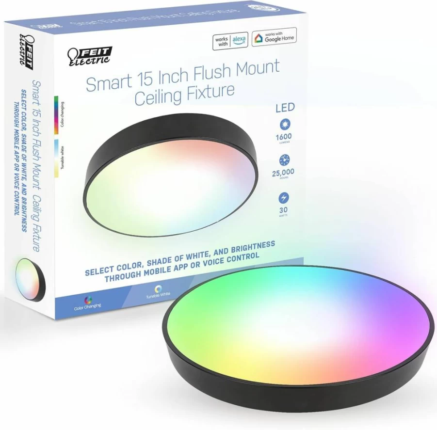 Feit Electric Smart Ceiling Light 15" Flush Mount, RGBW Color Changing, Music Sync, Tunable White, 1600 Lumens, Works with Alexa & Google Home, 22-Year Lifespan, FM15/RGBW/Dim/AG