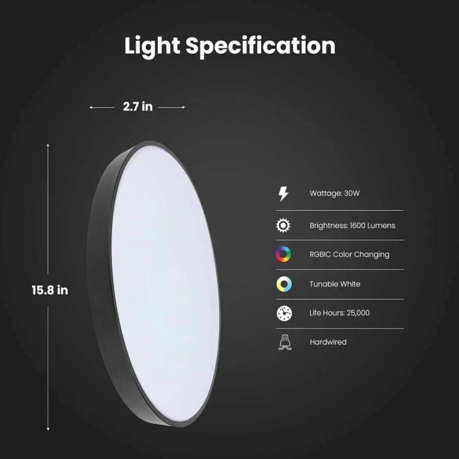 Feit Electric Smart Ceiling Light 15" Flush Mount, RGBW Color Changing, Music Sync, Tunable White, 1600 Lumens, Works with Alexa & Google Home, 22-Year Lifespan, FM15/RGBW/Dim/AG