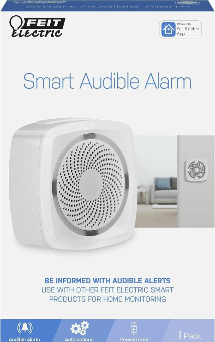 Feit Electric Smart Home Security Alarm - WiFi Enabled, Wireless, Rechargeable with Flashing Lights, Works with Security Cameras & Sensors (Brand Compatible)