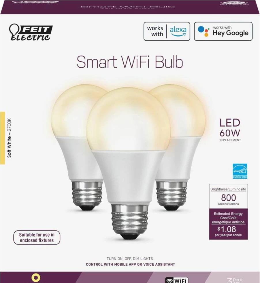 Feit Electric Smart WiFi A19 LED Light Bulb 60W, RGBW Color Changing & Dimmable, Works with Alexa & Google Assistant, No Hub Required, Omni Directional
