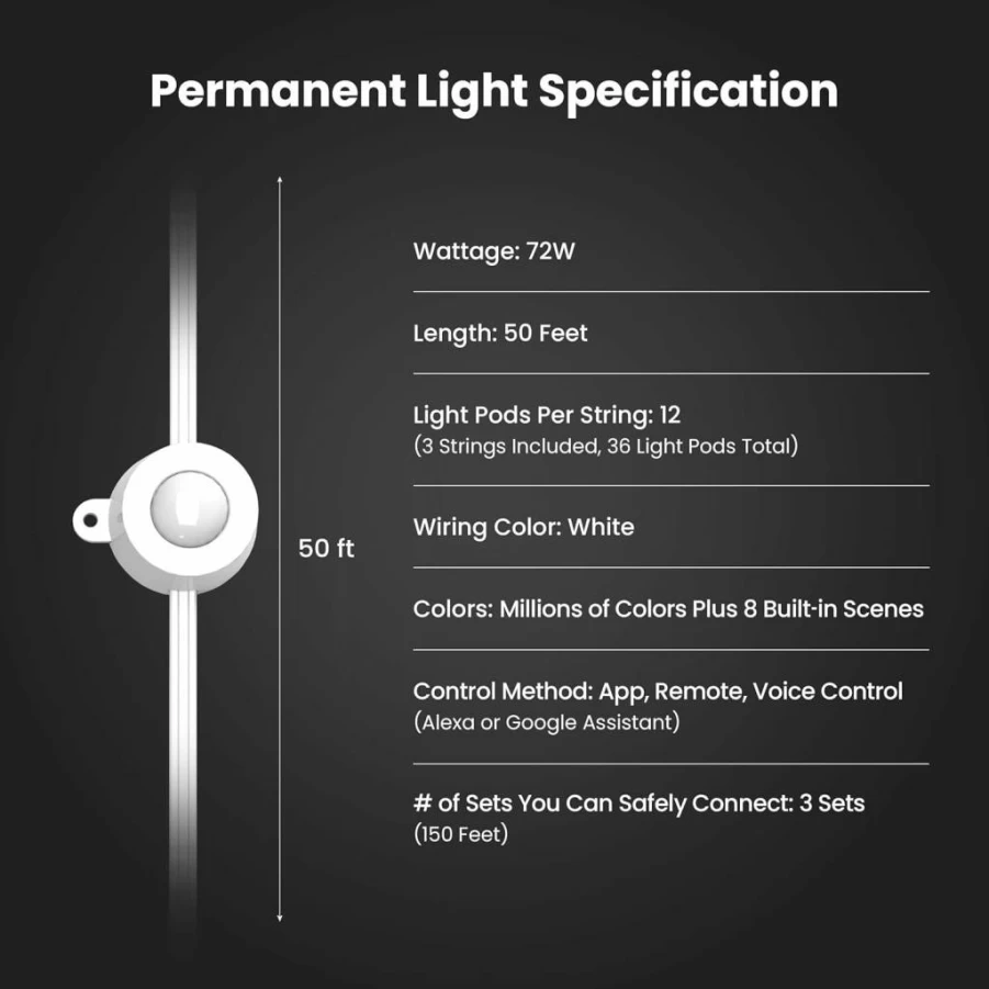 Feit Electric Smart RGBIC 50Ft Outdoor String Lights, WiFi 2.4Ghz Weatherproof LED Christmas Lights, Works with Alexa & Google Assistant, Under Eaves Permanent Lighting SL50-36/RGB/AG