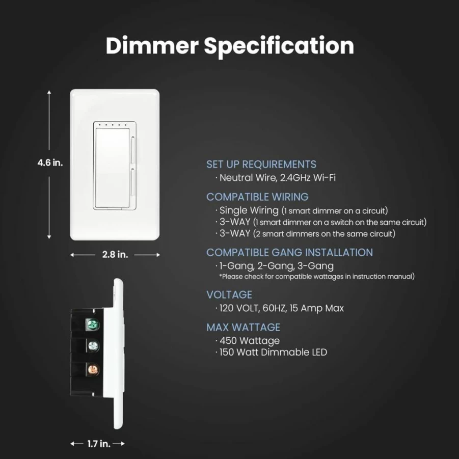 Feit Electric Smart Dimmer Switch with WiFi, Works with Alexa and Google Assistant, Requires Neutral Wire, White (Model: Dim/Wifi)