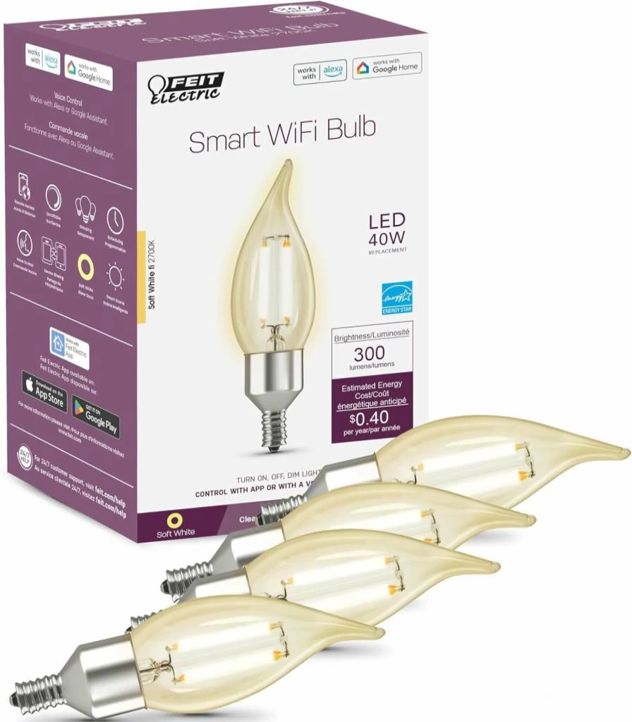 Feit Electric Smart WiFi LED Candle Bulb E12 Base, Alexa & Google Assistant Compatible, No Hub Required, Flame Tip Filament, 2700K Soft White, 4-Pack