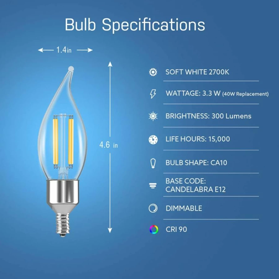 Feit Electric Smart WiFi LED Candle Bulb E12 Base, Alexa & Google Assistant Compatible, No Hub Required, Flame Tip Filament, 2700K Soft White, 4-Pack