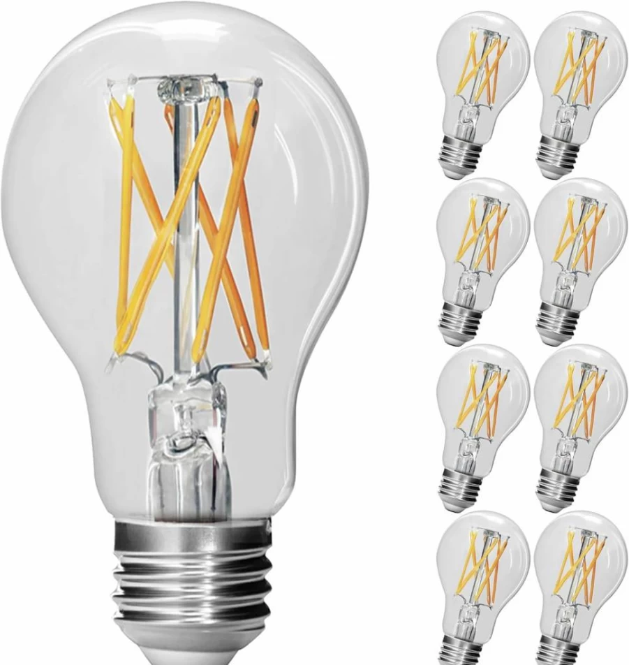 Feit Electric A19 LED Bulb 75W Equivalent Dimmable 2700K Soft White 1100 Lumens E26 Base Clear Glass Filament 8-Pack 15000-Hour Lifetime