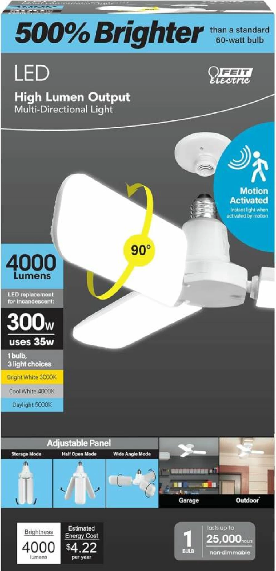 Feit Electric LED Garage Light Bulb 4000 Lumens, 300W Equivalent, Adjustable Multi-Directional Panels, 3CCT Color Temperature, E26 Base, 25000-Hour Lifespan