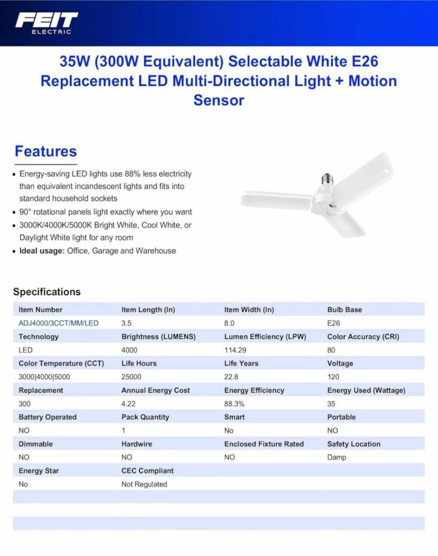 Feit Electric LED Garage Light Bulb 4000 Lumens, 300W Equivalent, Adjustable Multi-Directional Panels, 3CCT Color Temperature, E26 Base, 25000-Hour Lifespan