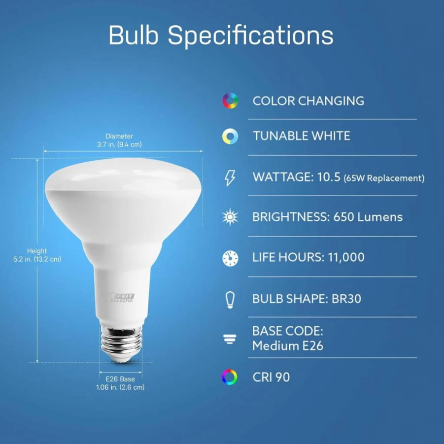 Feit Electric BR30 Smart LED Bulb 60W Equivalent, Tunable White Wi-Fi Light, Works with Alexa & Google Home, 800 Lumens 90+ CRI, E26 Base, 25K Hours Lifespan, Non-Dimmable