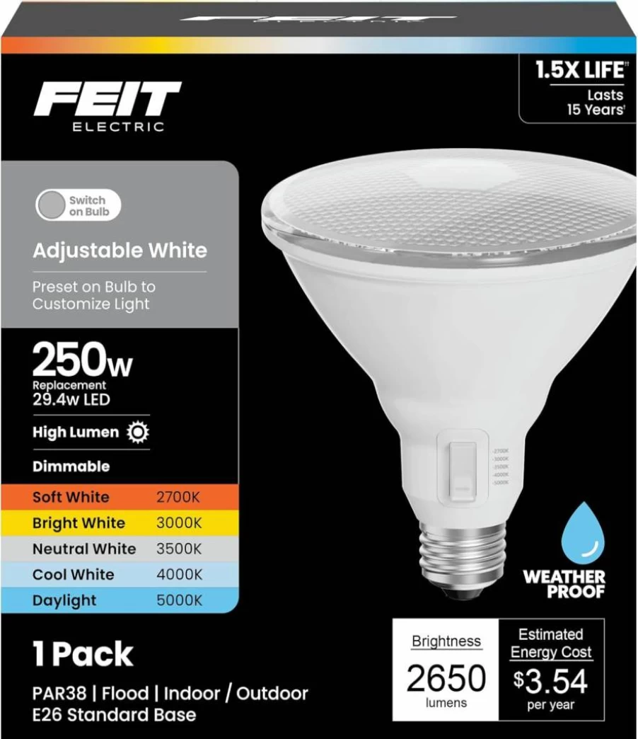 Feit Electric PAR38 LED Bulb 3000 Lumens, Dimmable 5 Color Temperatures (Soft White to Daylight), 325W Equivalent, Indoor/Outdoor for Security & Accent Lighting, PAR38325DM5CCT