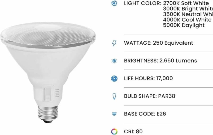 Feit Electric PAR38 LED Bulb 3000 Lumens, Dimmable 5 Color Temperatures (Soft White to Daylight), 325W Equivalent, Indoor/Outdoor for Security & Accent Lighting, PAR38325DM5CCT