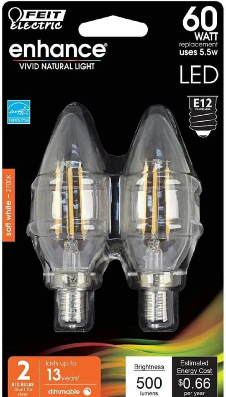 Feit Electric 60W Equivalent LED Candelabra Light Bulbs, 2-Pack, Warm White, BPCFC60927CAFIL2RP/6