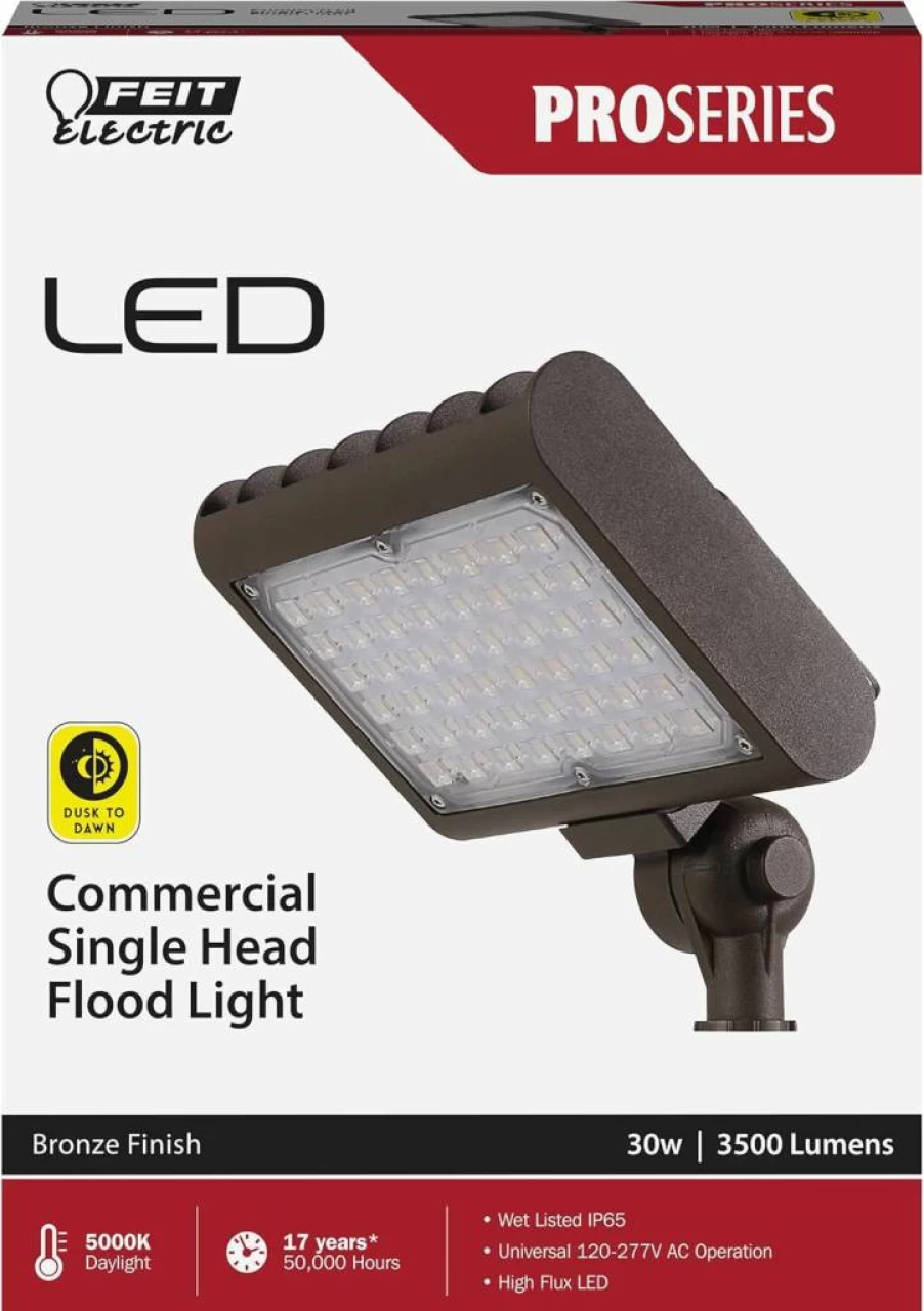 Feit Electric 30W LED Flood Lights 4-Pack, 3500 Lumens 5000K Daylight, Dusk to Dawn Sensor, 120-277V AC, Bronze Adjustable Outdoor Commercial Lighting, UL Listed