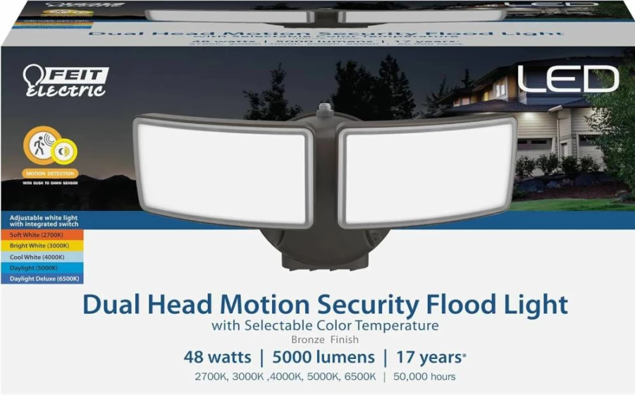 Feit Electric LED Dual Head Motion Sensor Flood Light, 5000 Lumens, 5CCT Adjustable, Dusk-to-Dawn, Weatherproof, 50,000-Hour Lifespan, Outdoor Security Lighting