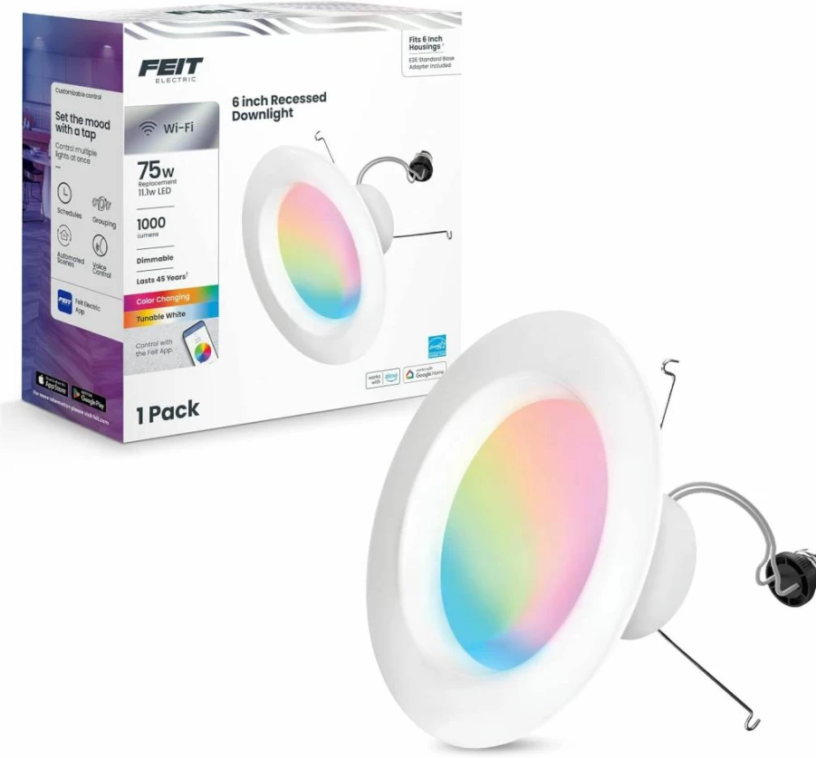 Feit Electric Smart Wi-Fi LED Recessed Downlights 5-6 Inch, Dimmable Color-Changing 1000 Lumens, Voice & App Control, Daylight to Soft White, 11.1W (75W Equivalent), 50,000 Hour Lifespan