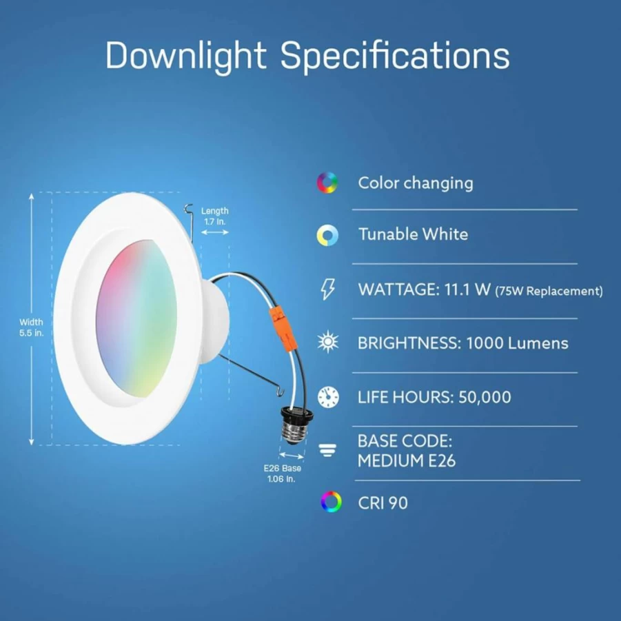 Feit Electric Smart Wi-Fi LED Recessed Downlights 5-6 Inch, Dimmable Color-Changing 1000 Lumens, Voice & App Control, Daylight to Soft White, 11.1W (75W Equivalent), 50,000 Hour Lifespan