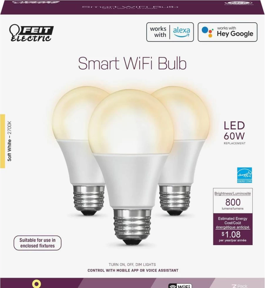 Feit Electric Smart WiFi Light Bulbs 3 Pack, 2.4GHz, Works with Alexa & Google Assistant, Dimmable 9W LED (60W Equivalent), 2700K Soft White, No Hub Required, OM60/927CA/AG/3