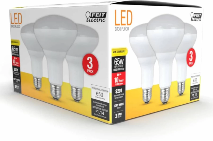 Feit Electric BR30 LED Bulbs 65W Equivalent 650 Lumens 2700K Soft White E26 Base Non-Dimmable Damp Rated Flood Light for Recessed Cans 10-Year Lifespan 3-Pack