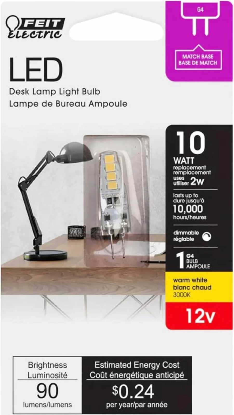 Feit Electric BP10G4/830/LED/6 G4 LED Bulb 6 Pack, Dimmable 10W Halogen Replacement, 12V 3000K Warm White, 90 Lumens, 10000 Hours Lifespan