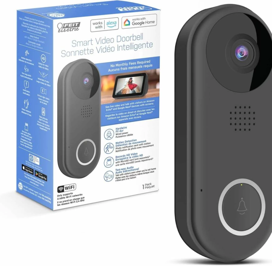 Feit Electric Wireless Video Doorbell Camera with 1080P HD, Two-Way Audio, Motion Detection, Night Vision, Micro SD Storage, Works with 2.4GHz WiFi, No Hub Required, Hardwired or Battery Powered