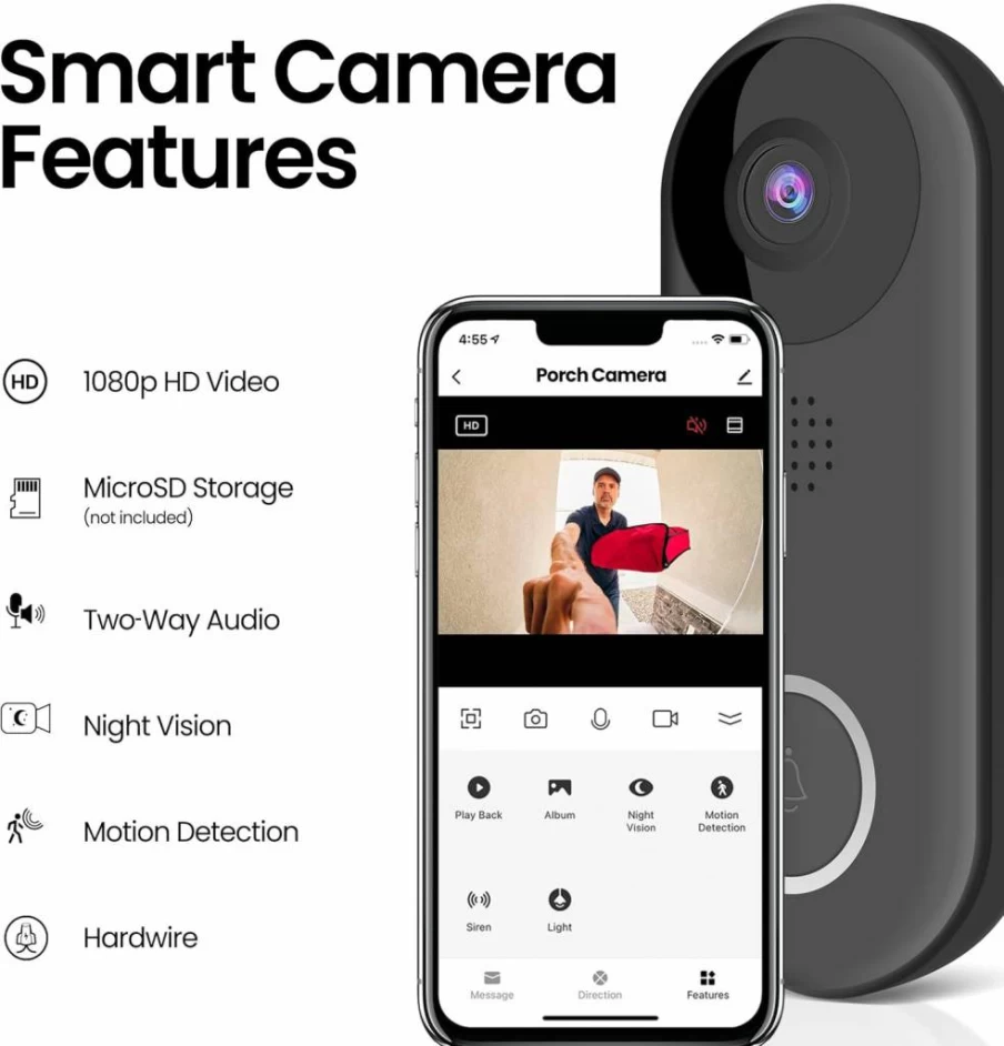 Feit Electric Wireless Video Doorbell Camera with 1080P HD, Two-Way Audio, Motion Detection, Night Vision, Micro SD Storage, Works with 2.4GHz WiFi, No Hub Required, Hardwired or Battery Powered