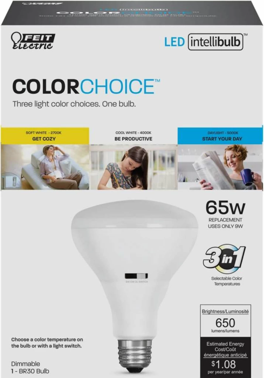 Feit Electric BR30 LED Light Bulb with Circadian Rhythm Technology - 65W Equivalent, 650 Lumens, 2700K Soft White to 5000K Daylight, E26 Medium Base, 15-Year Lifespan - Intellibulb Series