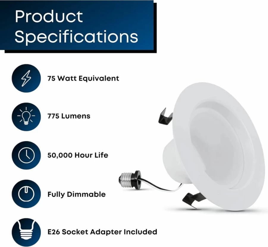 Feit Electric 6-Pack 4 Inch LED Recessed Downlight with Baffle Trim, Dimmable 2700K Soft White, 50W Equivalent, 650 Lumens, E26 Base, 45-Year Lifespan
