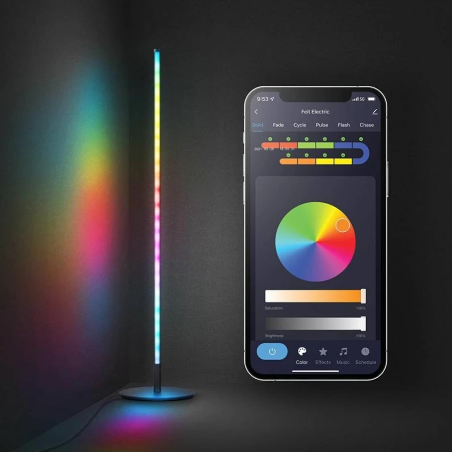 Feit Electric 42" Smart RGBW WiFi Floor Lamp with Color Changing, Music Sync, Alexa & Google Assistant Compatible, Modern Black Aluminum Finish, 8W LED Corner Standing Light