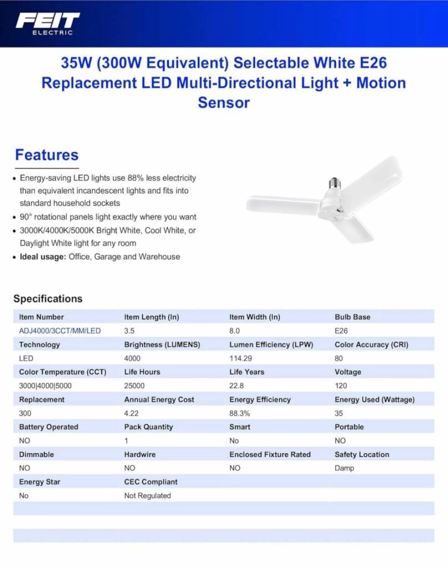 Feit Electric LED Garage Light 12000 Lumens, 4 Panel Adjustable Shop Light Bulb, E26 Base, 5000K Daylight, Non-Dimmable Ceiling Light, White - Energy Efficient Bright Lighting for Garage and Workspaces