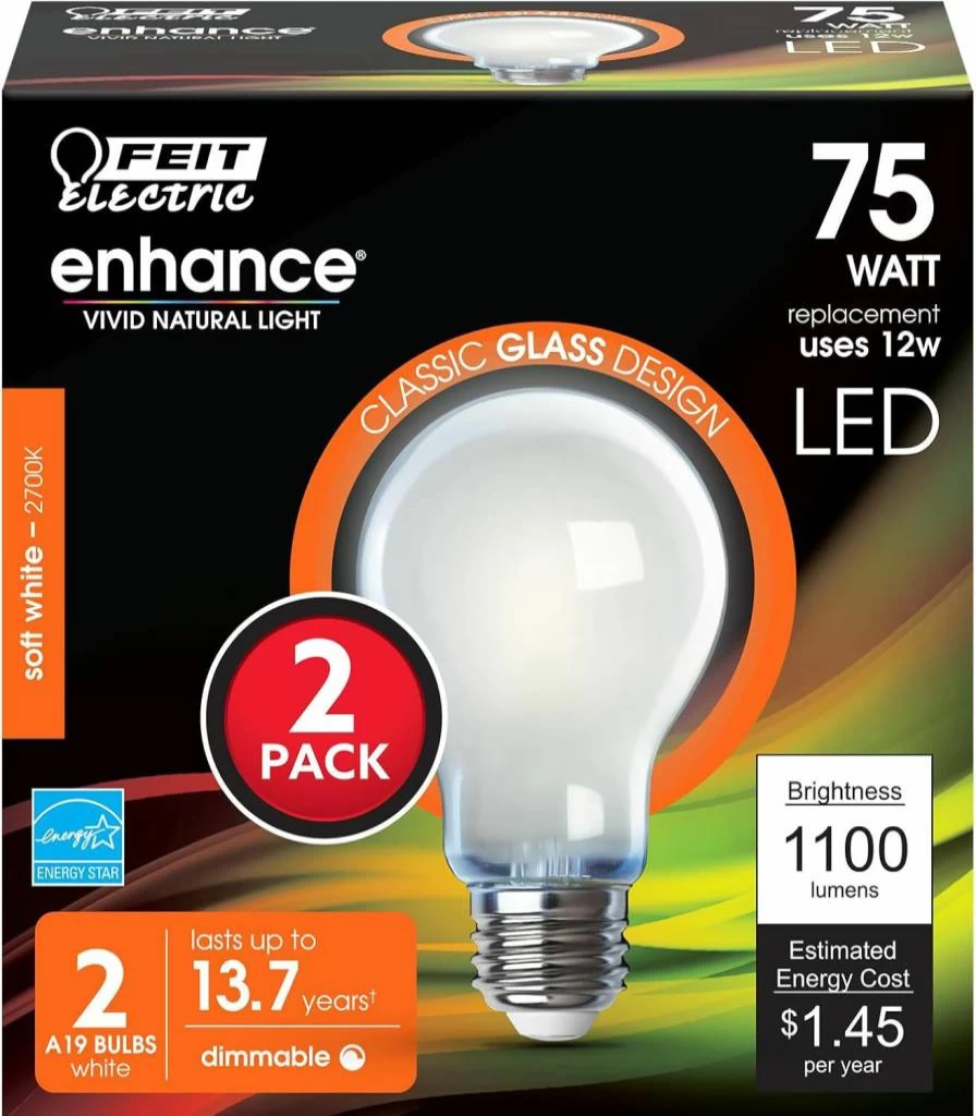 Feit Electric A19 LED Bulb 2-Pack, 100W Equivalent Dimmable, 1600 Lumens 2700K Soft White, E26 Base, 90 CRI, 17,000 Hours Lifetime, Energy Efficient General Purpose Light Bulbs