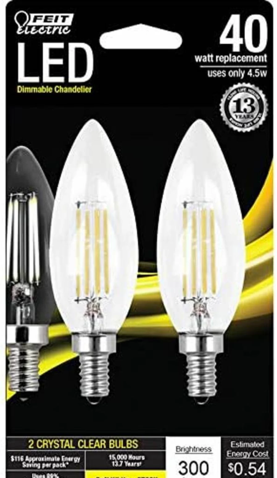 Feit Electric 40W Equivalent Candelabra LED Light Bulb, Warm White, 2-Pack, Energy Efficient, E12 Base