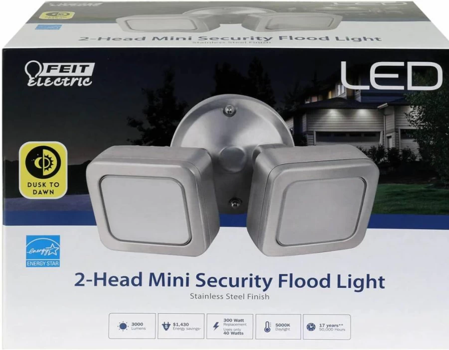 Feit Electric 3000 Lumens Dusk to Dawn LED Flood Light, 300W Equivalent, 5000K Daylight, Outdoor Security Light, Stainless Steel Single Head (Model 73704)