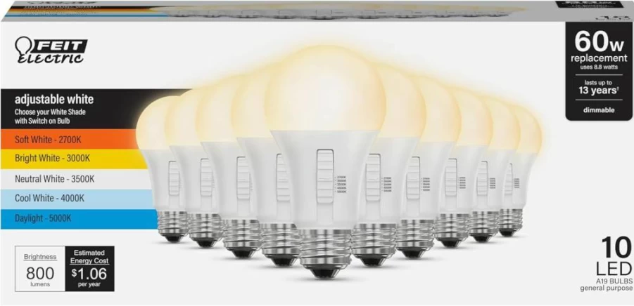 Feit Electric A21 LED Light Bulb 6 Pack, 100W Equivalent, Dimmable, 2700K-5000K Selectable Color Temperature, 1600 Lumens, 15,000 Hours Lifespan, Energy Efficient General Purpose Bulbs