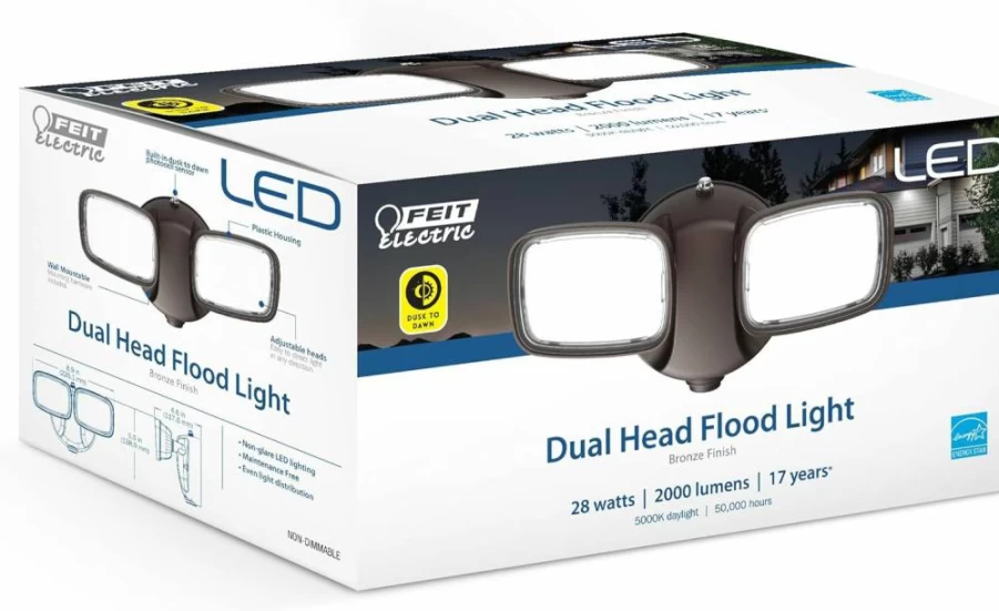 Feit Electric 28W Dual Head Outdoor LED Security Light, 2000 Lumens 5000K Daylight, Dusk to Dawn Sensor, Weather Resistant Bronze Flood Light, 50,000 Hour Lifespan