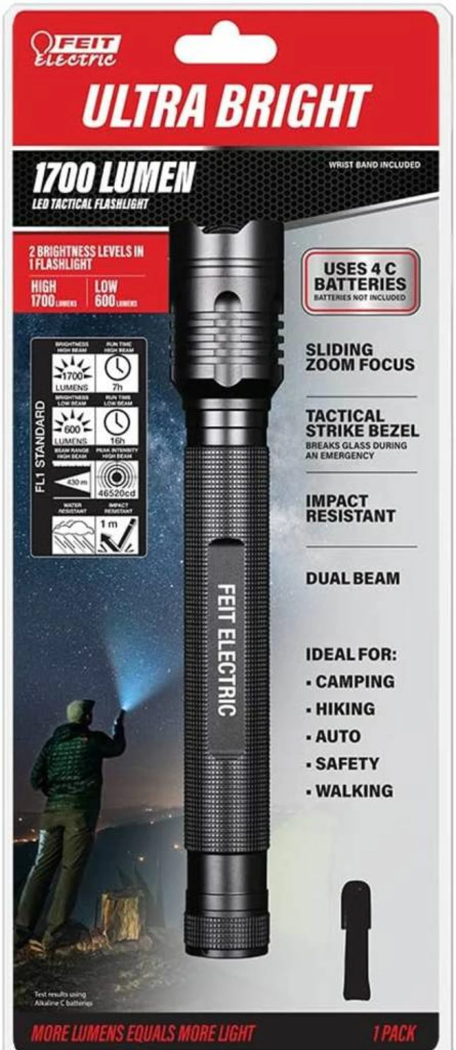 Feit Electric LED Tactical Flashlight 1700 Lumen Zoomable Adjustable Brightness Aluminum Alloy Strike Bezel Long Range 1000 Feet 4-C Battery Powered