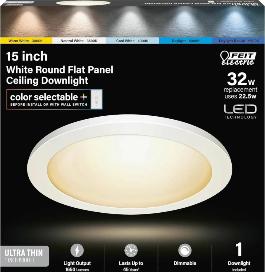 Feit Electric 15-Inch Round LED Ceiling Light, 3000K-6500K Adjustable Color Temperature, Ultra-Slim Dimmable Panel, 1650 Lumens, 50,000-Hour Lifespan, Energy-Efficient Fixture