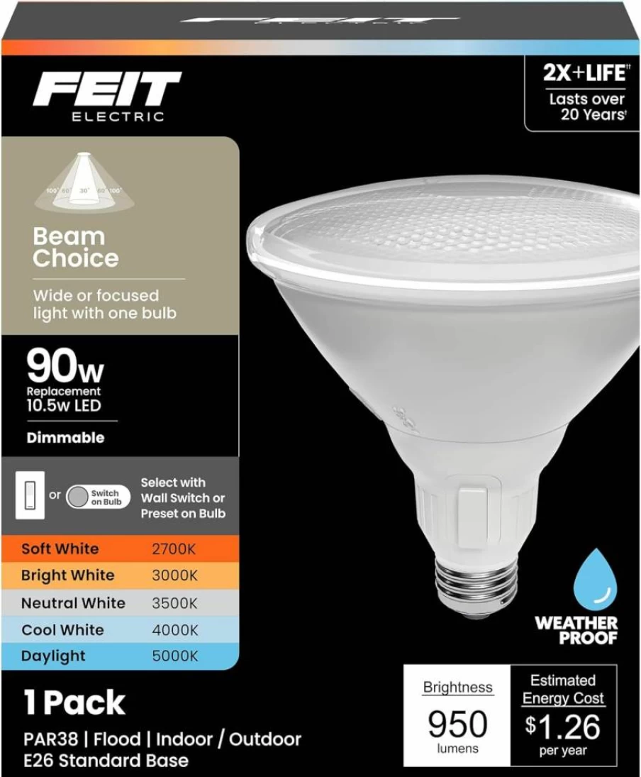 Feit Electric PAR20 LED Bulb Dimmable Adjustable White 2700K-5000K 50W Equivalent 90+ CRI Indoor/Outdoor Track Lighting 25000-Hour Lifetime